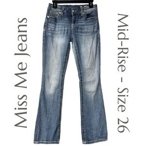 Miss Me - Mid-Rise Easy Boot Jeans - Fleur-de-Lis Embroidery - Size 26